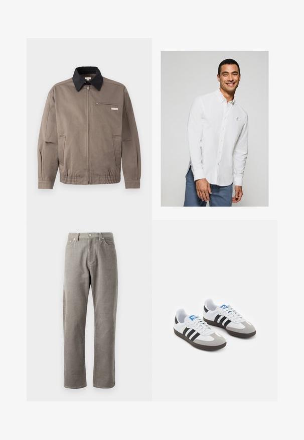Graue Jacke mit schwarzem Kragen, Reißverschluss vorne und Brusttasche. Merkmale sind elastische Bündchen und Gummizug am Saum, aus strapazierfähigem Material.; Weißes Langarm-Hemd mit Knopfleiste und kleinem Logo auf der Brust, kombiniert mit hellblauen Hosen. Glattes Material mit klassischem Kragen.; Grau karierte Hose mit geradem Schnitt, einem hohen Bund, frontalen Taschen und subtiler vertikaler Rippstruktur.; Sportschuhe mit einem Obermaterial aus weißem Leder, grauer Wildleder-Zehenkappe und drei schwarzen Streifen. Sie verfügen über ein blaues Logo auf der Zunge und eine strukturierte Gummisohle.