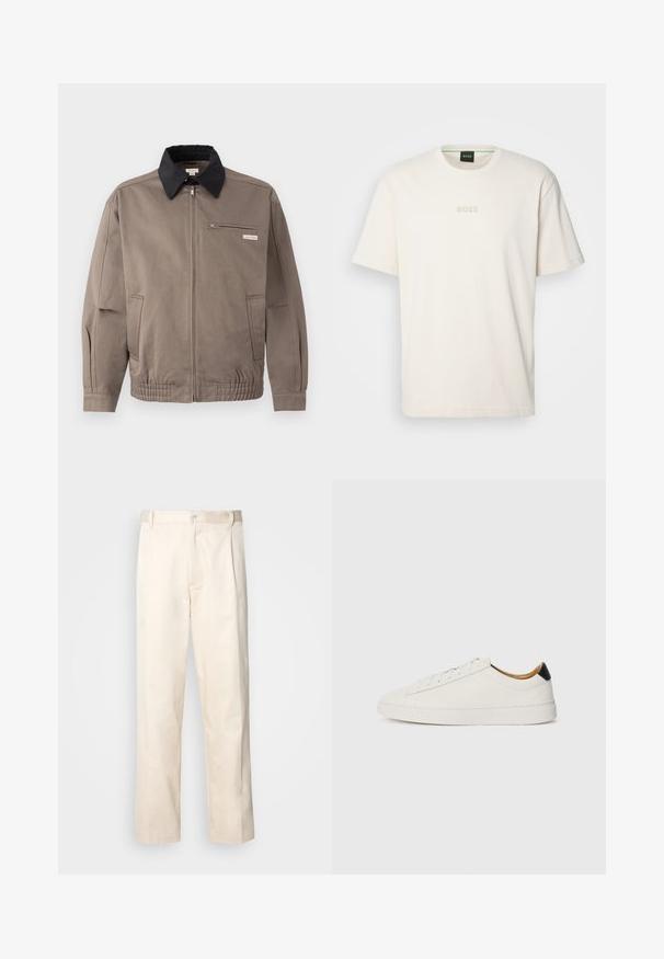 Szara kurtka z czarnym kołnierzem, z zamkiem z przodu i kieszenią na piersi. Posiada elastyczne mankiety i pas, wykonana z trwałego materiału.; BOSS - T-shirt basic; Beżowe bawełniane spodnie o prostym kroju nogawki, z zapięciem na guziki i plisami z przodu dla dodatkowego zdobienia.; Białe sneakersy z gładką skórzaną cholewką, okrągłym noskiem i płaską podeszwą. Czarny akcent na pięcie, z tonowymi sznurowadłami i minimalnym brandingiem.