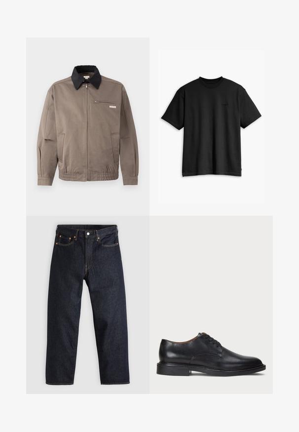 Gray jacket with a black collar, front zip, and a chest pocket. Features elastic cuffs and waistband, made of durable fabric.; Black cotton t-shirt with a crew neck and short sleeves. Features a subtle front logo and a straight hemline. Simple and minimalistic design.; Dark blue denim jeans with a straight cut, five pockets, contrasting orange stitching, and a button fly. No visible patterns or embellishments.; Black leather dress shoe with a round toe, lace-up design, and a low stacked heel. Smooth texture with minimal stitching details.