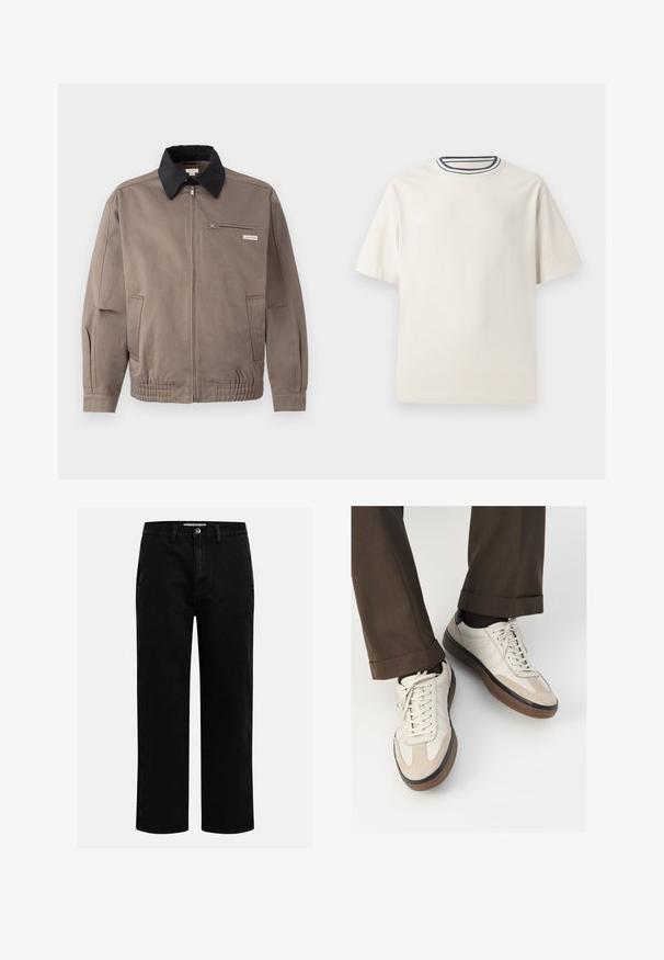 Gray jacket with a black collar, front zip, and a chest pocket. Features elastic cuffs and waistband, made of durable fabric.; Cream-colored cotton t-shirt with short sleeves, featuring a round neckline accented by navy and white stripes. Smooth texture, relaxed fit.; Black denim pants with a straight-leg cut, classic five-pocket design, and a button closure at the waist. Smooth texture and durable fabric.; Beige sneakers with a textured suede front, smooth leather sides, and a brown rubber sole. Laces and light stitching detail included.