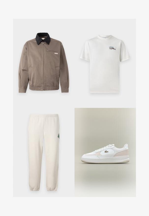 Pilkas švarkas su juodu apykakle, priekinis užtrauktukas ir krūtinės kišenė. Yra elastingi rankogaliai ir liemuo, pagamintas iš patvarios medžiagos.; Baltas medvilninis marškinėliai su apykakle, trumpomis rankovėmis ir mažas siuvinėtas logotipas, vaizduojantis kalnus ir tekstą ant kairiojo krūtinės.; Šviesiai smėlinės spalvos medvilninės kelnės, su elastinga juosta, raukšlėtomis rankovėmis ir žalia logotipo su lapo dizainu kairiajame šone.; Balti sportbačiai su lygia odos viršutine dalimi, zomšos akcentais ir guminiais padu. Yra reljefinis logotipas ir raištelių uždėjimo dizainas. Minimalistinis estetika.