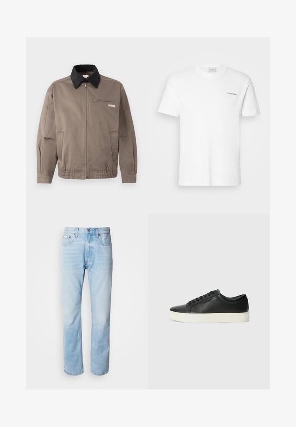 Grå jakke med sort krave, front lynlås og brystlomme. Har elastiske manchetter og linning, lavet af slidstærkt stof.; Hvid bomulds T-shirt med korte ærmer og rund halsudskæring. Har et lille sort "Calvin Klein" logo på venstre bryst.; Lyseblå denimjeans med lige ben, har slidte sektioner, fem lomme-design og en klassisk knapåbning.; Sorte lædersneakers med perforeret tekstur, rund tå og flad hvid gummisål. Har sorte snørebånd og et subtilt logo på siden.