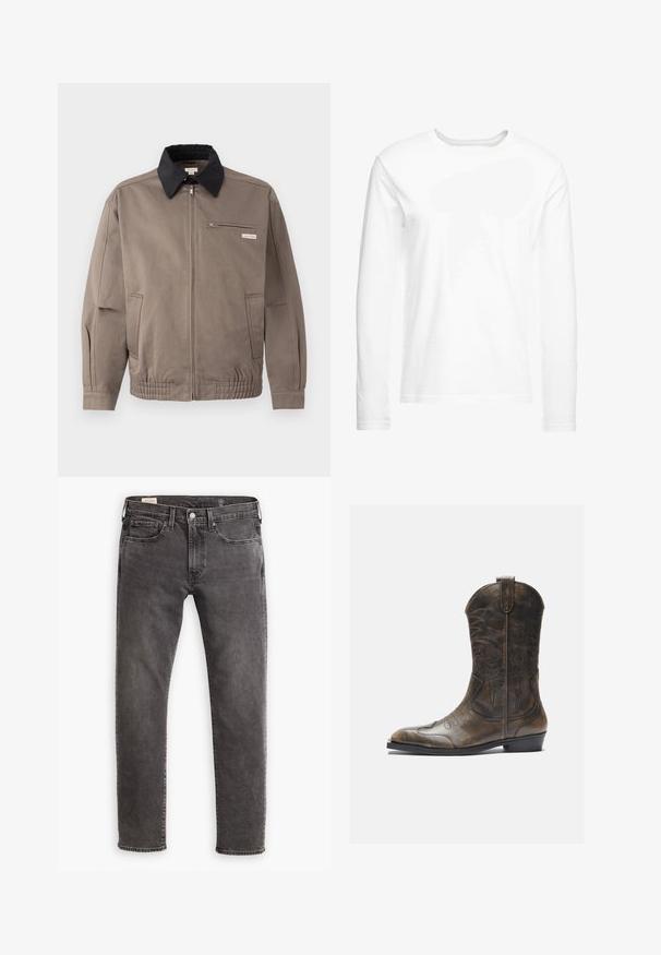 Harmaa takki mustalla kauluksella, edessä vetoketju ja rintatasku. Varustettu elastisilla hihansuilla ja vyötäröllä, valmistettu kestävästä kankaasta.; Pitkähihaista valkoista t-paitaa, joka on valmistettu pehmeästä puuvillasta. Pyöreä kaula-aukko, suorat helmat eikä näkyviä kuvioita tai grafiikoita.; Harmaat farkut suoran leikkauksen, viiden taskun muotoilun sekä nappisuljemekanismin kanssa. Ominaisuutena hienovarainen haalistuminen ja sävyttävä ommel koko ajan.; Ruskea nahkainen cowboy-saapas, jossa on korkea varsi, terävä kärki, monimutkaiset ompelukuvioinnit ja pieni korko. Pintakuviointi kauttaaltaan.