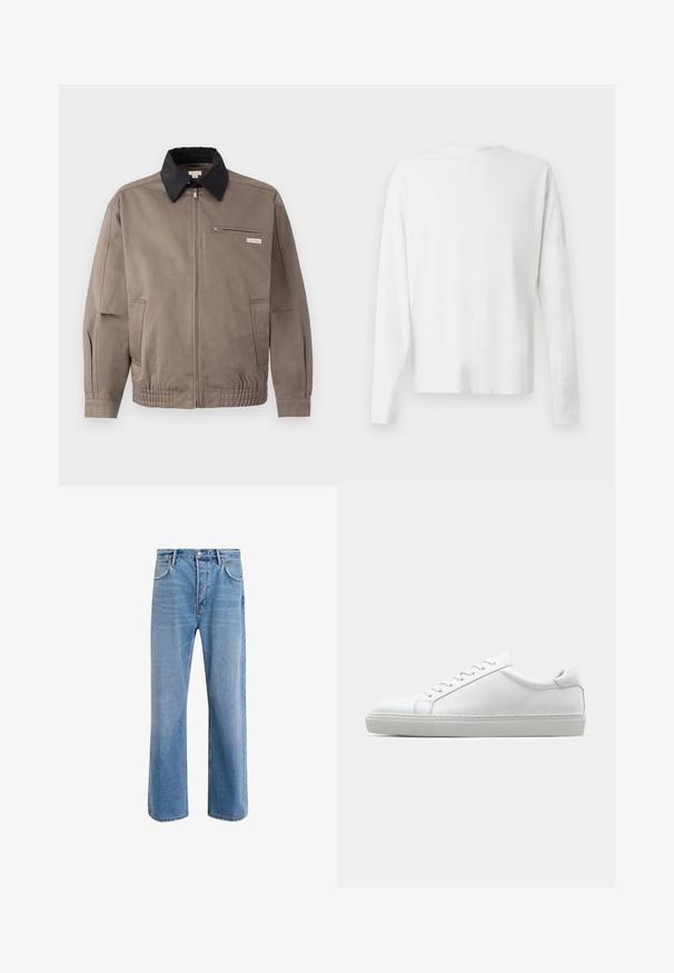 Siva jakna z črnim ovratnikom, sprednjim zadrgo in žepom na prsih. Ima elastične manšete in pas, izdelana je iz trpežne tkanine.; Bela bombažna srajca z dolgimi rokavi in okroglo ovratnikom, z bočnimi razporki na dnu in gladko teksturo, prikazana s hrbtne strani.; Svetlo modre denim kavbojke s ravno nogavico, petimi žepi, z gumbom za zapiranje, minimalnim zbledelostjo in kontrastnimi šivi.; Bela športna obutev z gladkim usnjenim zgornjim delom in nizkim profilom. Ima zaokrožen nos, šest lukenj za vezalke in teksturiran gumijast podplat.