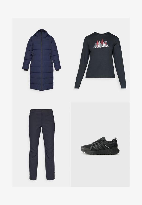 Tumši zilā pufīgā jaka ar kapuci, ar rāvējslēdzēju, ribotām aprocēm un sānu kabatām. Iezīmēta ar horizontālām šuvēm, kas nodrošina quilted tekstūru.; Tumšs pelēks krekls ar garām piedurknēm, ar grafiku, kurā attēloti sarkani koki un kalni; "COLUMBIA" logo treknā baltā tekstā. Mīksta auduma, standarta apaļa kakla izgriezums.; Navy zila bikses, kas izgatavotas no gludas auduma, ar priekšējo pogu aizdari, pieguļošu siluetu un krokām pie ceļgaliem.; Columbia PEAKFREAK - Pārgājienu apavi - black