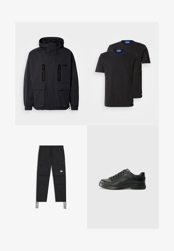 Must have veekindel, kapuutsiga must jakk, kus on kaks tõmblukuga rinna-taskut ja elastsed mansetid. Omab minimalistlikku disaini ja "HUGO" brändimist.; Kaks musta puuvillast T-särki ümmarguste kaelustega, lühikeste varrukatega, millel on sinised "HUGO" sildid kraedel ja külgservadel.; Mustad mustahoidjad püksid, millel on nööri vöö, mitmed taskud, elastne varrukas ja diskreetne logopatch. Valmistatud kerge kangast.; Must musta tennis, mille tekstuuriga pealis, pehmendatud krae ja punane logo detail. Omab paksu kummist tallat, millel on selge tallamuster.
