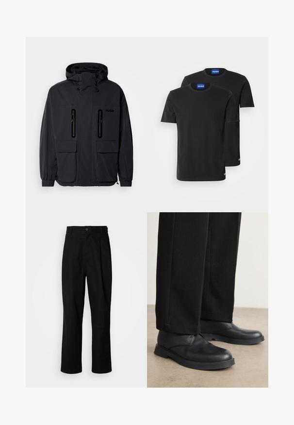 Melna ūdensnecaurlaidīga jaka ar kapuci, divām kabatām ar rāvējslēdzēju krūšu augšdaļā un elastīgām aprocēm. Ievēro minimālistisku dizainu un "HUGO" zīmolu.; Divas melnas kokvilnas T-kreklus ar apaļiem kakla izgriezumiem, īsām piedurknēm un ziliem "HUGO" uzrakstiem uz apkaklēm un sānu malām.; Melni taisni bikses ar pogu, jostu cilpiņām un priekšējo krokām, izliktas uz vienkārša balta fona.; Melni ādas apavi ar noapaļotu purngalu, platu zoli un minimālu apdari. Apvienoti ar pielāgotiem melniem biksēm, kas rāda gludu faktūru.