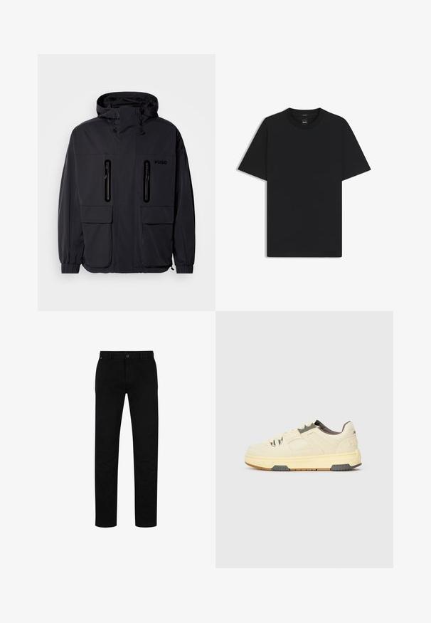 Sort vandtæt jakke med hætte, to lynlås-lommer på brystet og elastiske manchetter. Har et minimalistisk design og "HUGO" branding.; Sort kortærmet T-shirt lavet af en glat bomuldsblanding, med en rund halsudskæring og et minimalistisk design uden mønstre eller accenter.; Sorte bomuldsbukser med lige pasform, der har knaplukning, bæltestropper og minimalistisk design. Glat tekstur, ingen mønstre.; Sko lavet af beige netmateriale og syntetisk materiale, med grå accenter, tekstureret sål og diskret branding på hælen.