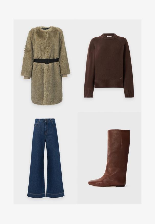 Világosbarna műszőrme kabát texturált kivitelben, hosszú ujjakkal, kerek nyakkivágással és fekete övvel a deréknál.; Sötétbarna gyapjú pulóver bordázott mandzsettákkal, aljjal és állgallérral, egy kis fém logóval az alj közelében, egyszínű háttéren.; Magas derekú, széles lábú kék farmernadrág, gombos záródással, övhurkokkal és diszkrét varrási részletekkel a zsebeknél és a szegélyeknél.; Barna bőr térdmagasságú csizma, hegyes orral és minimalista dizájnnal; sima textúrával, látható fém részletek vagy díszítések nélkül.