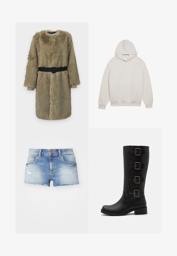 Valepuuskasukas helepruunis toonis, tekstuurse viimistlusega, pikkade varrukate, ümmarguse kaeluse ja musta vööga taljel.; Heled hall kapuutsviit, mis on valmistatud pehmest kangast, esiosa tasku 'kangaroo', reguleeritav kapuuts ning soonikkoes varruka- ja allääred.; Heledad teksasanad helesinises värviga, kulunud viimistluse, narmendava äärte, viie tasku disaini ning ees ühe nupuga kinnitusega.; Mustad mustad mustad, mis on valmistatud siledast sünteetilisest materjalist. Omab nelja dekoratiivset rihma nelinurksete metallist pandlitega. Bloki konts.