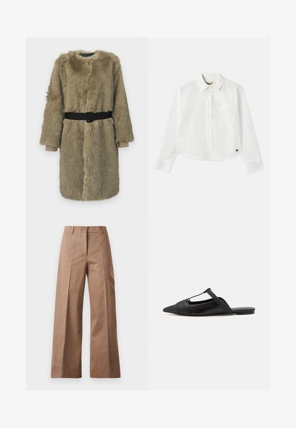 Płaszcz ze sztucznego futra w jasnobrązowym kolorze o teksturowanej powierzchni, z długimi rękawami, okrągłym dekoltem i czarnym paskiem w talii.; Biały, krótki, długi rękaw koszuli wykonanej z bawełny. Posiada zapięcie na guziki z przodu, kieszeń na piersi oraz małe czarne logo w lewym dolnym rogu.; Brązowe spodnie szerokie, wykonane z gładkiego materiału, z zamknięciem na guzik z przodu, dwiema przednimi kieszeniami oraz czystymi, dopasowanymi liniami.; Czarny skórzany but na odkrytej pięcie z pointed toe, ozdobiony plecionym akcentem i plisowanym wzorem górnej części. Płaska podeszwa z minimalnymi elementami.