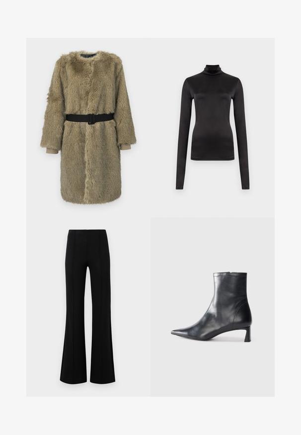 Viltus kažoks gaiši brūnā krāsā ar teksturētu apdari, ar garām piedurknēm, apaļu kakla izgriezumu un melnu jostu viduklī.; Ilgi piedurkņu melns tērps ar augstu apkakli, izgatavots no gludas, elastīgas auduma. Pieguļošs dizains ar augstu apkakli un bez redzamām rakstiem vai rotājumiem.; Melnas platas bikses ar augsto jostasvietu, izgatavotas no elastīga auduma. Satur vertikālas šuvju detaļas priekšpusē un gludu tekstūru.; Melnas ādas potītes zābaki ar norādītu pirkstu un elegantu dizainu. Iezīmē zemu papēdi un rāvējslēdzēja aizdari aizmugurē. Gluda tekstūra.