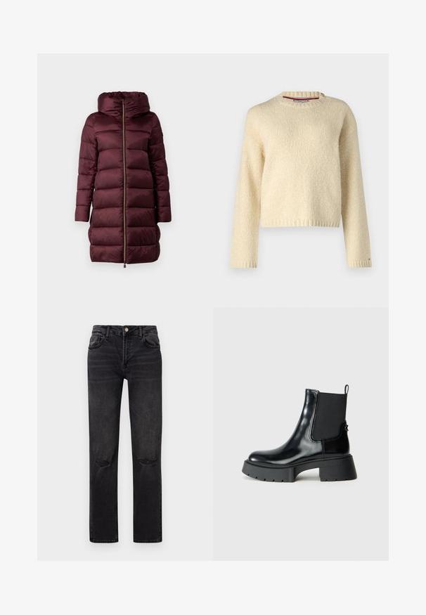 Burgundská péřová bunda s kapucí, se zipem vpředu, vysokým límcem a prošívaným designem. Hladká textura a délka po kolena.; Beige pletený svetr s dlouhými rukávy a žebrovanými manžetami a lemem, vystavený na obyčejném bílém pozadí.; Černé džíny z denimu se střihem rovného nohavice. Mezi funkce patří dvě přední kapsy, opotřebované dekorace na kolenou a zapínání na knoflík.; Černé kotníkové boty vyrobené z lesklé kůže s elastickými bočními panely, poutkem na patě a robustní gumovou podrážkou se strukturovaným dezénem.