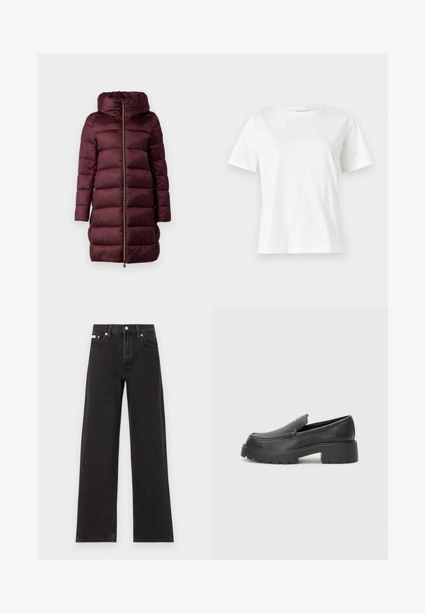 Burgundský puffrový kabát s kapucňou, ktorý má zips na prednej strane, vysoký golier a prešívaný dizajn. Hladká textúra a silueta po kolená.; Biela bavlnená tričko s krátkymi rukávmi, okrúhlym výstrihom a voľným strihom. Hladká textúra, bez vzorov alebo akcentov, minimalistický dizajn.; Čierne široké džínsy vyrobené z denimu, s vysokým pásom, piatimi vreckami a kovovým zapínaním s kontrastným šitím.; Čierne kožené mokasíny s okrúhlou špičkou, hrubou textúrovanou podrážkou a minimom stehovej výzdoby. Štíhly dizajn bez viditeľných šnúr alebo kovania.