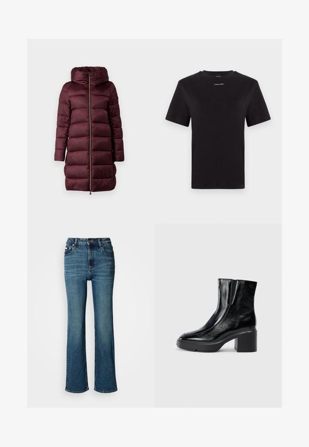 Burgundska puffer jakna s kapuljačom, s prednjim patentnim zatvaračem, visokim ovratnikom i kviltanim dizajnom. Glatka tekstura i silueta do koljena.; Crna pamučna majica s kratkim rukavima, okruglim izrezom i malim bijelim logom "Calvin Klein" na prsima. Glatka tekstura, klasičan kroj.; Traperice viskog struka u plavoj boji, s ravnim nogavicama, blagim izbljeđivanjem, te standardnim dugmetom i zatvaračem.; Crne lakirane gležnjače s zakrivljenim prstom, elastičnim bočnim panelima i masivnom blok petom. Sadrže urezani logo na leđima.
