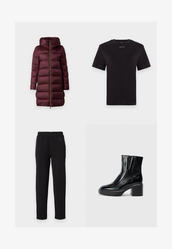 Burgunderfarget pufferjakke med hette, med glidelås foran, høy krage og quiltet design. Glatt tekstur og knelangs silhuett.; Svart bomull T-skjorte med korte ermer, rund hals og liten hvit "Calvin Klein" logo på brystet. Glatt tekstur, klassisk passform.; Sorte joggebukser med elastisk midjebånd, laget av myk stoff. Har en subtil "CK" logo foran. Rett ben design.; Sorte lakkskinn ankelstøvler med buet tå, elastiske sidestykker og en chunky klossheel. Har preget logo på baksiden.
