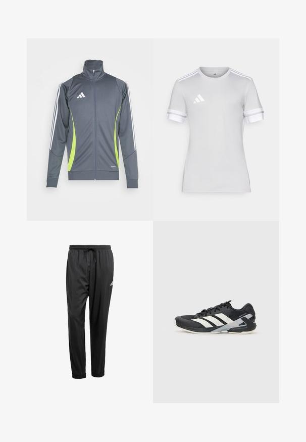 Veste de sport grise avec un col haut, des rayures blanches sur les manches et des accents vert citron. Fabriquée en tissu lisse et élastique.; T-shirt de sport à manches courtes, en tissu gris clair, col rond, accents blancs à trois bandes sur les manches, petit logo réfléchissant sur la poitrine.; Pantalons de sport noirs avec taille élastique, cordon de serrage, chevilles resserrées et un petit logo blanc sur la cuisse droite.; Chaussure de sport noire avec des rayures blanches, tige en mesh, bout arrondi et semelle rembourrée. Comprend un talon texturé et un système de laçage sécurisé.