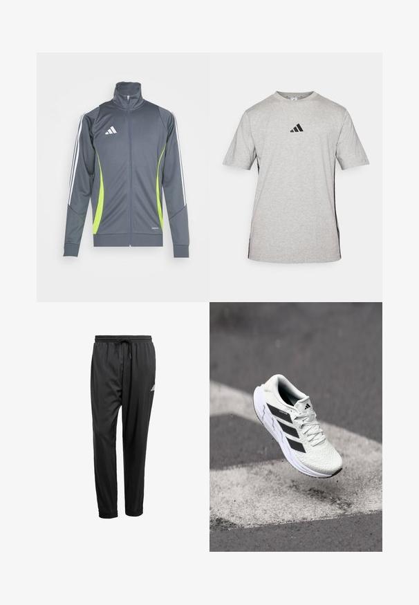 Šedá sportovní bunda s vysokým límcem, bílými pruhy na rukávech a limetkově zelenými akcenty. Vyrobena z hladkého elastického materiálu.; Šedé tričko s krátkým rukávem vyrobené z bavlny, se černým logem Adidas na hrudi a černými bočními akcenty. Design s kulatým výstřihem.; Černé sportovní kalhoty s elastickým pasem, šňůrkou, manžetami na kotnících a malým bílým logem na pravém stehně.; Bílé sportovní boty s texturovanou síťovinou, černými pruhy, šněrováním a polstrovanou podrážkou, levitující nad vyznačeným povrchem silnice.