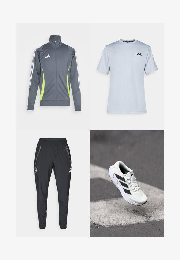 Grå treningsjakke med høy krage, hvite striper på ermene og limegrønne detaljer. Laget av glatt, elastisk stoff.; adidas Performance T-skjorte til trening - halo silver-coloured/black; adidas Performance ARSENAL FC TIRO25 COMPETITION VIS TECH TRAVEL PANT - Klubbklær - black; Hvit sportsko med teksturert mesh-overdel, svarte striper, snøring og en polstret såle, svevende over en markert veidoverflate.
