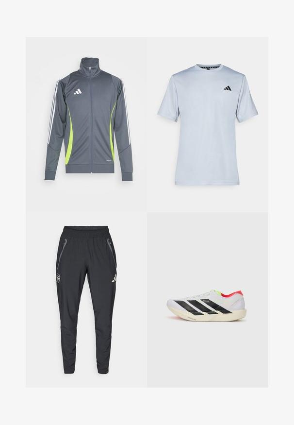 Jachetă sport gri cu un guler înalt, dungi albe pe mâneci și accente verde lime. Fabricată dintr-un material neted și elastic.; adidas Performance Bluză sport - halo silver-coloured/black; adidas Performance ARSENAL FC TIRO25 COMPETITION VIS TECH TRAVEL PANT - Echipament cluburi fotbal - black; Adidași albi pentru alergare cu dungi negre, accente verzi neon și toc roșu. Prezintă un design ușor și o talpă texturată pentru aderență.