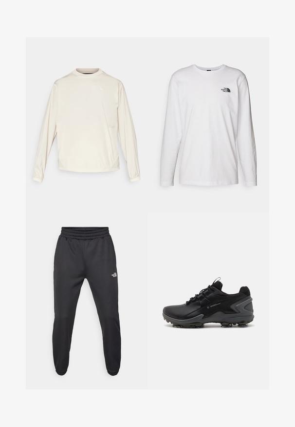 Vaaleanbeige pitkähihaisessa collegepaidassa on pyöreä kaula-aukko, joustavat hihansuut ja sivutaskut. Paidassa on minimalistinen logotiedosto rinnassa.; Valkoinen pitkähihaisen T-paita, joka on valmistettu puuvillasta ja jossa on pyöreä kaula-aukko. Rintamuksessa on pieni musta logo. Sileä kangas, normaali malli.; Mustat collegehousut, joissa on nauhakuomu vyötäröllä, kapeneva fit, elastiset hihansuut ja pieni valkoinen logo vasemmassa reidessä, valmistettu sileästä kankaasta.; Musta urheilukengät, joissa on sileä synteettinen päällinen, teksturoitu verkko-osa nilkassa ja kumipohja, jossa on muotoillut pitohetket.