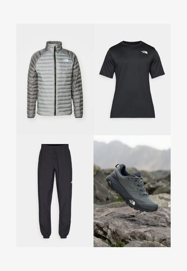 Padded jacket in gray, featuring a high collar, full zipper, and a mix of smooth and quilted textures. Logo on the upper left chest.; Black short-sleeve t-shirt made of lightweight, moisture-wicking fabric. Features a white logo on the left chest and a crew neckline.; Black athletic pants made from lightweight fabric, featuring a drawstring waistband, side pockets, and tapered cuffs at the ankles.; Grey trail running shoe with a textured upper, durable rubber sole, and reinforced toe cap. Features laces and brand logo on the side.