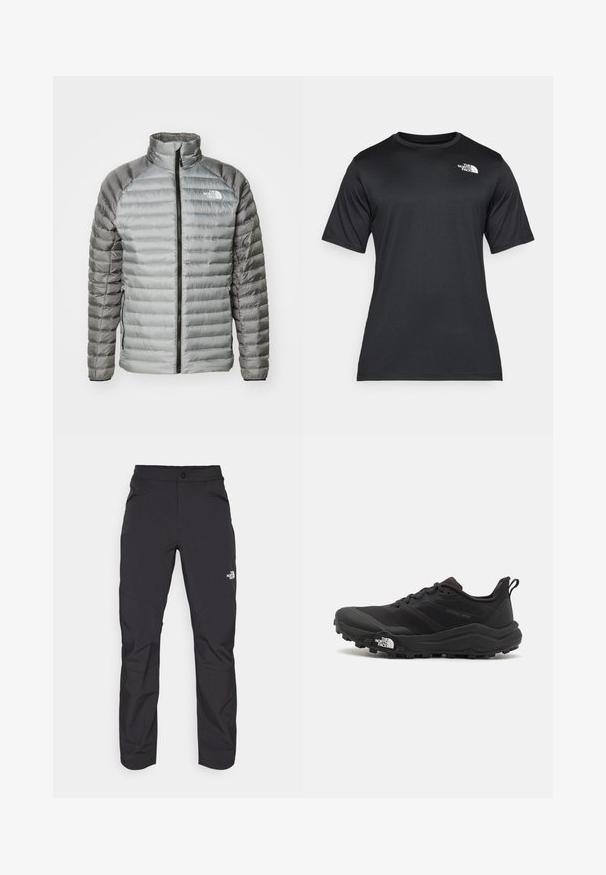 Padded jacket in gray, featuring a high collar, full zipper, and a mix of smooth and quilted textures. Logo on the upper left chest.; Black short-sleeve t-shirt made of lightweight, moisture-wicking fabric. Features a white logo on the left chest and a crew neckline.; Black outdoor pants with a zippered front pocket, synthetic material, tapered legs, and reinforced knee panels. Features a button closure.; Black trail running shoe with a textured upper, rubber sole, and reinforced toe cap. Features a padded collar and pull tab for easy wear.