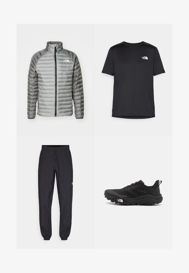 Pilkas užpildytas švarkas, turintis aukštą apykaklę, pilną užtrauktuką ir skirtingus lygius bei kraipyto audinio tekstūras. Logotipas viršutinėje kairėje krūtinės dalyje.; Juodas trumpas rankovės marškinėliai, pagaminti iš lengvos medžiagos. Yra mažas baltas logotipas kairiajame krūtinės pusėje ir subtilūs pečių akcentai.; Juodos sportinės kelnės, pagamintos iš lengvos medžiagos, su raišteliu liemens srityje, šoniniais kišenėmis ir siaurėjantys apykaklės prie kulkšnies.; Juoda bėgimo batai su tekstūruotu paviršiumi, guma padais ir sustiprinta pirštų dalimi. Yra paminkštinta apykaklė ir kilpos, leidžiančios lengvai užsidėti.