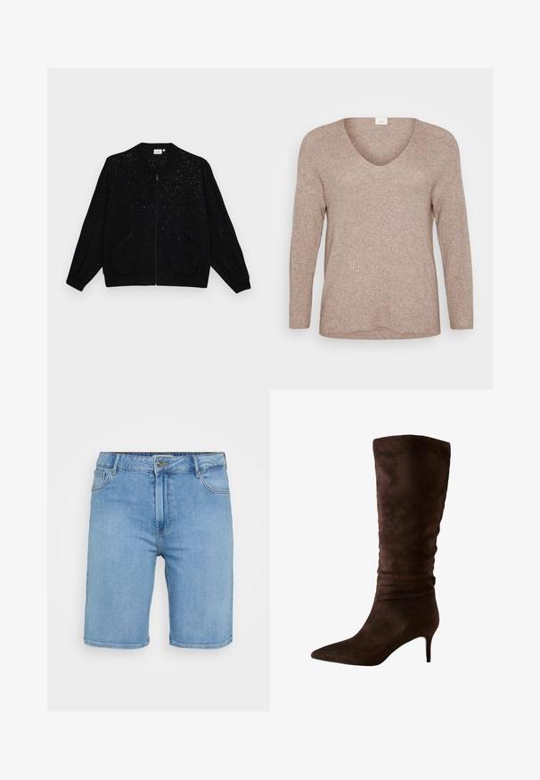 ONLY Carmakoma JOSEE METTA LIFE LS - Giubbotto Bomber - black; Maglione ribbed marrone chiaro con maniche lunghe e scollatura a V. Texture liscia con vestibilità rilassata e orlo dritto. Nessun motivo o dettaglio visibile.; Camicia bianca con colletto, taschino singolo sul lato sinistro del petto, maniche lunghe con polsini a bottoni e orlo curvo. Realizzata in cotone.; Pantaloni shorts in denim azzurro chiaro con taglio classico, dotati di chiusura frontale con bottone, passanti per cintura e due tasche laterali. Texture liscia e orlo dritto.; Stivale marrone in suede al ginocchio con punta affusolata e tacco sottile. Il design presenta una texture arricciata nella parte superiore per un tocco in più.