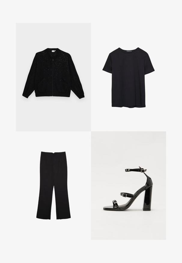 ONLY Carmakoma - Kurtka Bomber; Prosta, krótko rękawowa czarna koszulka bawełniana z okrągłym dekoltem, prezentowana na białym tle.; Czarne spodnie o prostym kroju, z przednimi kieszeniami i bocznymi rozcięciami na dole. Wykonane z miękkiego, gładkiego materiału. Odpowiednie na różne okazje.; Czarne lakierowane sandały na obcasie z kwadratowym noskiem, z paskami wokół kostki i srebrnymi klamrami. Posiadają masywny słupek dla stabilności.