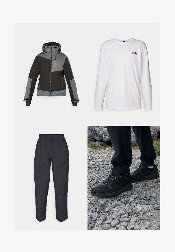 Black and gray outdoor jacket with a zip front, adjustable hood, and red accents. Features color-block design and multiple zip pockets.; White long-sleeve T-shirt made of cotton with a crew neck. Features a small black logo on the chest. Smooth texture, regular fit.; Black cargo pants made from a lightweight, water-resistant material; features elastic waistband, multiple zippered pockets, and tapered legs.; Black outdoor shoes with mesh and synthetic material, featuring a textured upper, secured lacing system, and a rugged outsole, on rocky terrain.