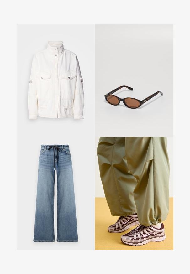 Bela denimska jakna z visokim ovratnikom, dvema sprednjima žepoma, srebrnimi pritrdilnimi gumbi in kontrastnimi šivi. Ima sproščen kroj.; Svetlo siva, rebrasta pulover jopica z visokim ovratnikom in pol zadrgo na vratu. Ima dolge rokave in prilegajočo se zasnovo.; Široke jeans hlače iz svetlo modrega denima z blagim vintage izgledom. Opremljene so z nastavljivim pasom z črnim vrvico in tradicionalnimi žepi.; Atletski copati z grafitno in temno vijolično zasnovo, z mrežasto zgornjim delom, podpornih trakovi in gumijastim podplatom, v kombinaciji z ohlapenimi zelenimi hlačami.; Želve školjke ovalne sončne očala s smešnimi lečami, nagnjena, da pokažejo logo "QUAY" na desnem tempelju na enotni podlagi.