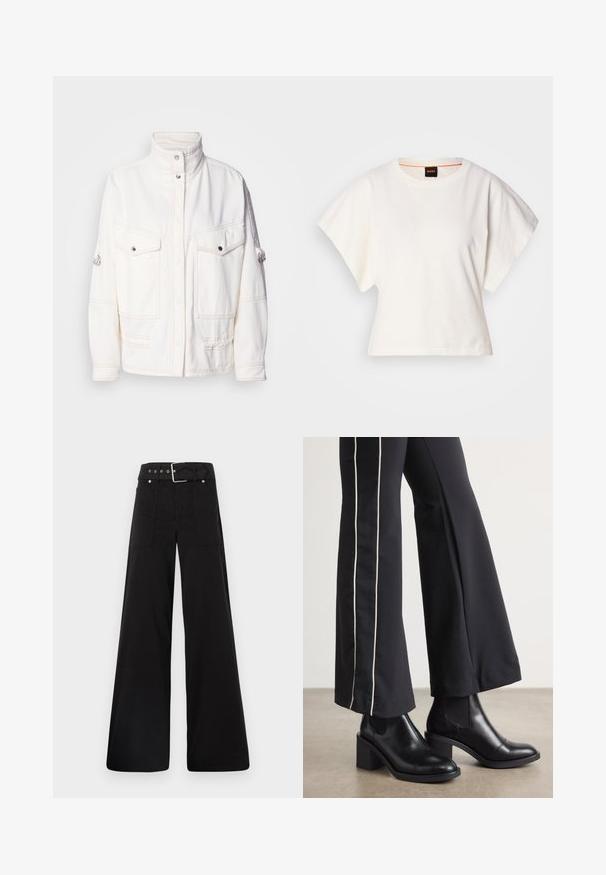 Weiße Jeansjacke mit hohem Kragen, zwei Fronttaschen, silbernen Druckknöpfen und kontrastierenden Nähten. Verfügt über einen lässigen Schnitt.; Weißes, kurzes T-Shirt, kurze weite Ärmel, weicher Baumwollstoff, runder Ausschnitt mit subtilen orangefarbenen Akzenten, minimales Design, keine Muster oder Grafiken.; Schwarze weitgeschnittene Hose aus Baumwolle, mit hoher Taille, großen Seitentaschen und einem taillierten Bund mit silbernen Hardware-Akzenten.; Schwarze Lederstiefeletten mit einem Blockabsatz, ausgestattet mit elastischen seitlichen Einsätzen. Kombiniert mit schwarzen Hosen, die einen weißen Seitenstreifen haben.