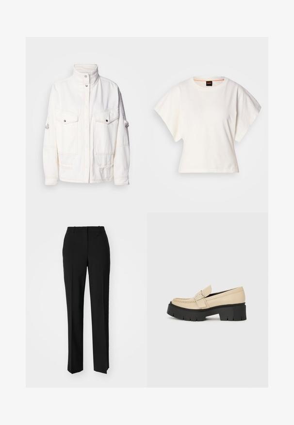 Valkoinen denim-takki, jossa on korkea kaulus, kaksi etutaskua, hopeiset napit ja kontrastiväriset ompeleet. Täydellinen rento istuvuus.; Valkoinen lyhythihainen t-paita, leveät lyhyet hihat, pehmeää puuvillamateriaalia, pyöreä pääntie jossa hienovarainen oranssi reunus, minimaalinen muotoilu, ei kuvioita tai graafisia elementtejä.; Mustat räätälöidyt housut suoraa lahjetta, joissa on sileä pinta ja terävät taitteet edessä. Ei näkyvää metalliosaa.; Beige nahka loaferit mustalla paksulla pohjalla, jossa on koristeellinen solki ja ompelusegmentti edessä. Sivunäkymä.