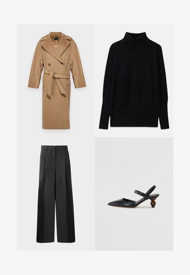 WEEKEND MaxMara RESINA - Klasisks mētelis - cammello; Melnas turtlenecka formas džemperis, izgatavots no mīksta auduma, ar ribotām akcentiem apkaklē un piedurkņu galos, ar brīvu piegriezumu un sānu spraugām.; Melni platajā kājās bikses ar augsto jostasvietu, kas ar priekšējiem krokām, gludu tekstūru un pielāgotu apdari. Veidotas relaksētai piegrieztei.; Melnas ādas siksniņu kurpes ar smailu purngalu, izliektu dizainu un apaļu koka līdzīgu papēdi. Iekļauta šaura potītes siksna.