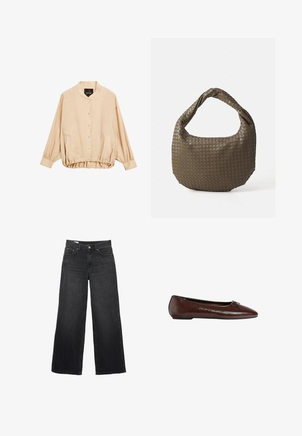 Massimo Dutti LOOSE-FITTING WITH DRAWSTRING DETAIL - Bomberjacks - beige; Lichtbeige ronde hals trui gemaakt van zacht breiwerk. Heeft lange mouwen en geribbelde manchetten, met een relaxte pasvorm en minimalistisch ontwerp.; Zwarte wijde spijkerbroeken van denim. Heeft een klassiek vijf-pocketontwerp, een rechte silhouet en een knoopsluiting aan de voorkant.; Bruine leren ballerina met een gladde textuur, puntige neus en een strikaccent aan de voorkant, voorzien van een lage zwarte rubberen zool.; Geweven olijfgroene handtas met een ronde vorm en een gedraaide handgreep. De textuur heeft een diagonaal patroon. Ritssluiting.