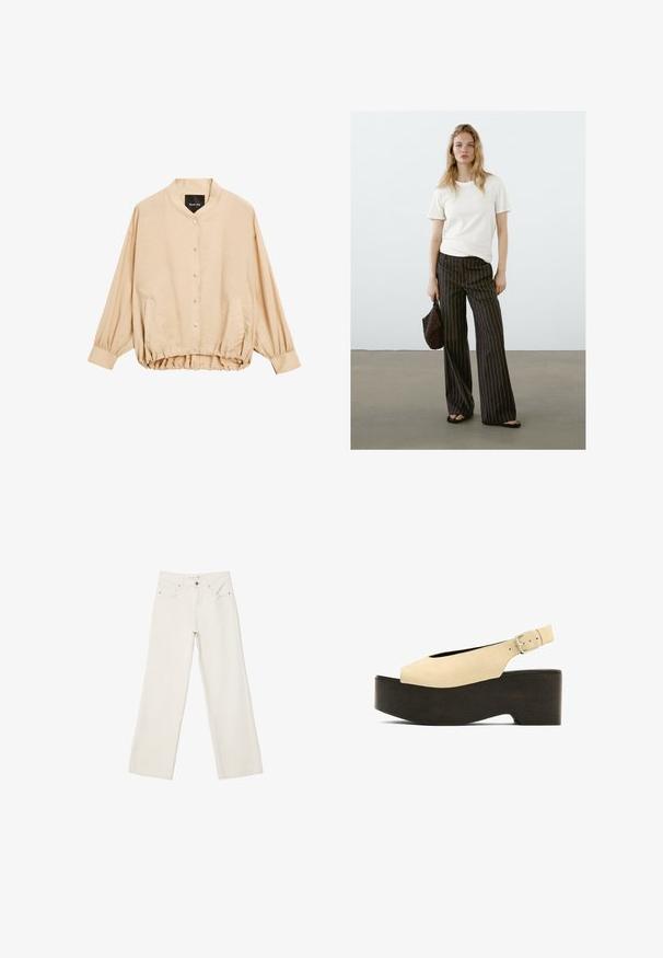 Massimo Dutti - Kurtka Bomber; Jasno beżowa koszulka z okrągłym dekoltem w połączeniu z szerokimi spodniami w ciemne paski. Dodatki w postaci czarnej torebki z koralików i płaskich sandałów. Gładka tekstura.; Białe dżinsy w szerokim kroju wykonane z denimu, z wysokim stanem, przednimi kieszeniami i zapięciem na guzik. Czysty design z minimalnymi akcentami.; Beżowe zamszowe sandały na platformie z otwartym palcem, z tylnym zapięciem i ciemną drewnianą podstawą, wyposażone w metalową klamrę do regulacji.
