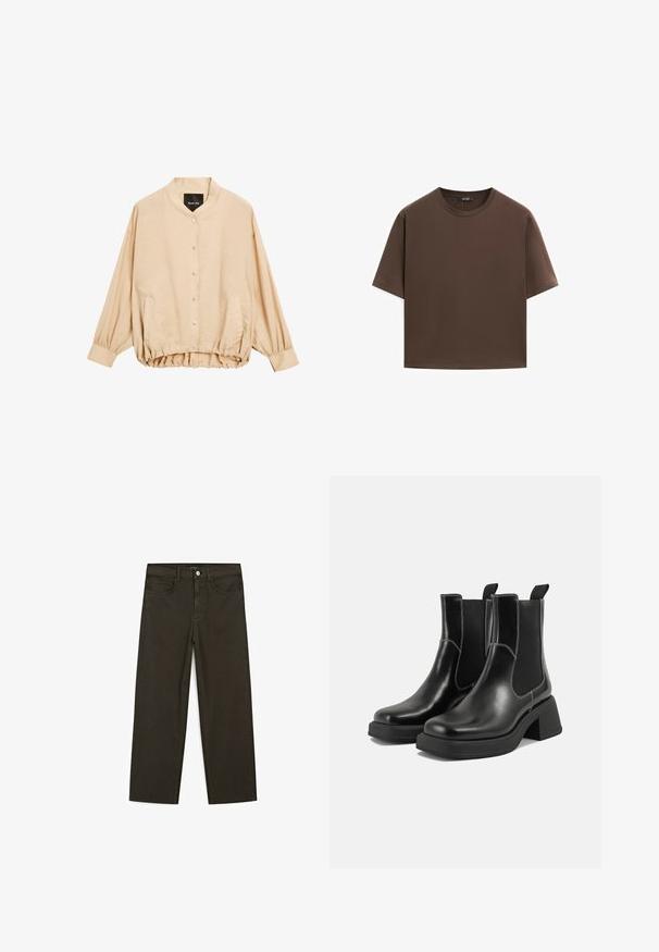 Massimo Dutti LOOSE-FITTING WITH DRAWSTRING DETAIL - Bomberjacks - beige; Bruine katoenen t-shirt, korte mouwen, ronde hals, relaxte pasvorm, gladde textuur, minimalistisch ontwerp, geen zichtbare patronen of accenten.; Donkergroene wijde jeans van een katoenmix, met een sluiting met een voorste knop, vijf zakken en klassieke denimstiksels.; Zwarte leren Chelsea-boots met een chunky hak, elastische zijpanelen en contrasterende witte stiksels. Gestructureerde afwerking.