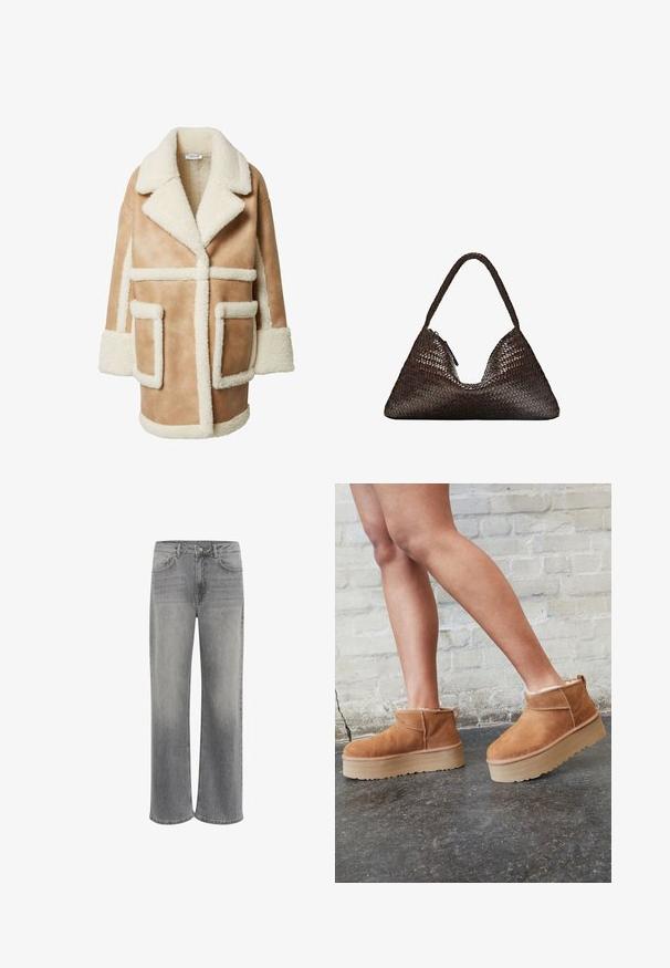 Tan schapenvachtjack met een crèmekleurige nep-bont kraag en afwerking, met twee grote voorzakken en een relaxte, oversized pasvorm.; Lichtgrijs gebreid langemouwen trui met een ribgebreide onderrand en manchetten, voorzien van een V-hals en een ontspannen pasvorm.; Witte korte mouwen t-shirt van katoen. Heeft een ronde halslijn en een ontspannen pasvorm. Glad textuur zonder zichtbare patronen of accenten.; Grijze denim wijdvallende jeans met een hoge taille, vijf zakken, een sluiting met een knoop aan de voorkant en subtiele vervaging op de stof.; Bruine suède enkelboots met een zachte voering, dikke beige plateauzool en een achterste lus. Getextureerde oppervlakte met zichtbare stiksels.; Donkerbruine driehoekige geweven leren handtas met een enkele gevlochten handgreep en een zichtbare ritssluiting aan één kant.; Set van acht zilveren ringen, met verschillende ontwerpen waaronder glad, textured en een met kleine parels. Kenmerken zijn onder andere krommingen en accenten.