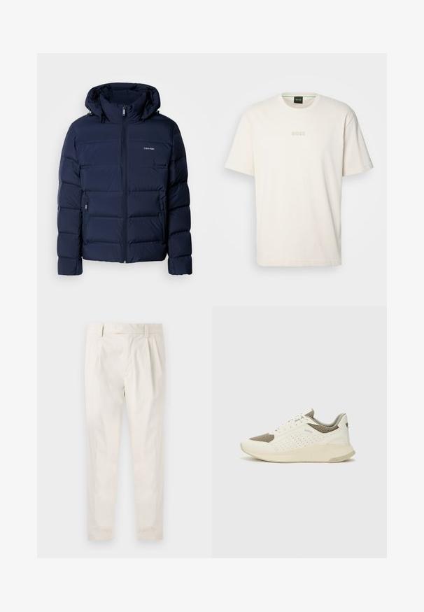 Modra puffasta jakna z kapuco, ki ima poln zadrgo, dva stranska žepa in šivane panele za izolacijo. Diskreten logo na prsih.; BOSS TEE - Navadna majica - open white; Bele, plisirane hlače s krojenim prileganjem, z gladko teksturo, z zankami za pas in ožjimi hlačnicami. Brez vidnih žepov ali vzorcev.; Beli in svetlo bež športni copat, s mrežastim zgornjim delom, perforiranimi detajli in teksturirano srednjim delom z blagovno znamko na peti.
