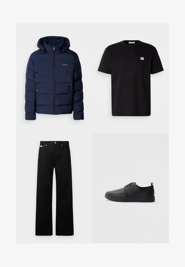 Tamnoplavi zimski jakna s kapuljačom, ima punu munju, dva bočna džepa i šivane panele za izolaciju. Diskretni logo na prsima.; Crna pamučna majica s kratkim rukavima, okruglog izreza, s malim izvezenim logotipom na lijevoj strani prsnog koša. Glatka tekstura, regularan kroj.; Crne traperice širokog kroja, s pet džepova i metalnim dugmadi. Glatka tekstura, bez vidljivih uzoraka.; Crne kožne tenisice s glatkom površinom, zaobljenim vrhom, tonom prošivanja, vezanjem sprijeda i ravnim gumenim potplatom. Oko pete se nalazi učka.