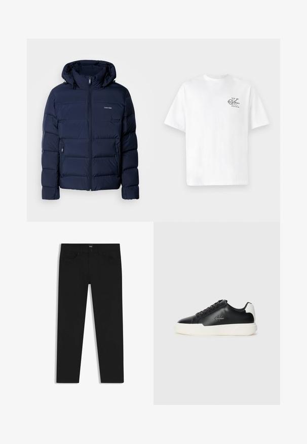 Giacca puffer blu navy con cappuccio, dotata di zip completa, due tasche laterali e pannelli cuciti per l'isolamento. Logo sottile sul petto.; T-shirt bianca in cotone a maniche corte, colletto rotondo, con logo CK nero nella zona sinistra del petto, vestibilità standard, texture liscia.; Pantaloni in denim nero con taglio dritto, dotati di vita standard, cinque tasche e chiusura con bottone. Texture liscia su tutta la superficie.; Sneakers in pelle nera con suola in gomma bianca. Presentano punta rotonda, design con lacci e dettaglio del logo sul lato. Accento posteriore in bianco.