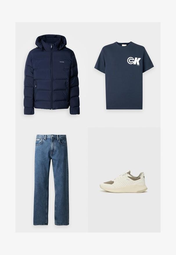 Tamsiai mėlynas pūkų striukė su kapuce, turinti pilną užtrauktuką, dvi šonines kišenes ir siūtas panele izoliacijai. Diskretiška logo ant krūtinės.; Tamsiai mėlynas trumpomis rankovėmis marškinėlis su apvalia iškirpte, kairėje krūtinės pusėje balta CK logotipu ir užrašu „Calvin Klein“.; Mėlyni tiesaus kirpimo džinsai su aukštu liemeniu, mygtuko ir užtrauktuko uždarymu, priekinėmis kišenėmis ir mažyte balta prekės etikete dešinėje kišenėje.; Baltas ir šviesiai bežinis sportinis kedas, su tinklo viršumi, perforuotais detalėmis ir tekstūruotu tarpine su logotipu ant kulno.