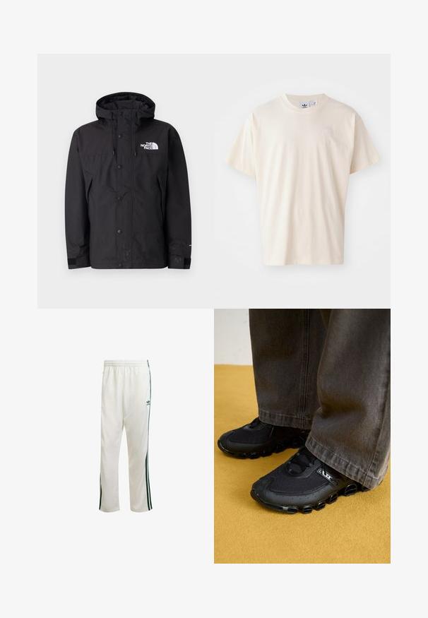 Crna vodootporna jakna s kapuljačom, koja ima zatvaranje na patentni zatvarač, gumbe i brendirani logotip na prsima. Ima podesive manžete i glatku teksturu.; Kremasta pamučna majica s okruglim izrezom i kratkim rukavima; sadrži mali, svijetli logotip na prsima.; Bijele sportske hlače s zelenim bočnim prugama, elastičnim pojasom i logotipom na gornjem lijevom dijelu. Napravljene su od lagane tkanine.; Crne sportske cipele s mrežastim gornjim dijelom, zakrivljenom potplatom i prepoznatljivim zaobljenim akcentima. Uparene s tamnim, širokim hlačama.