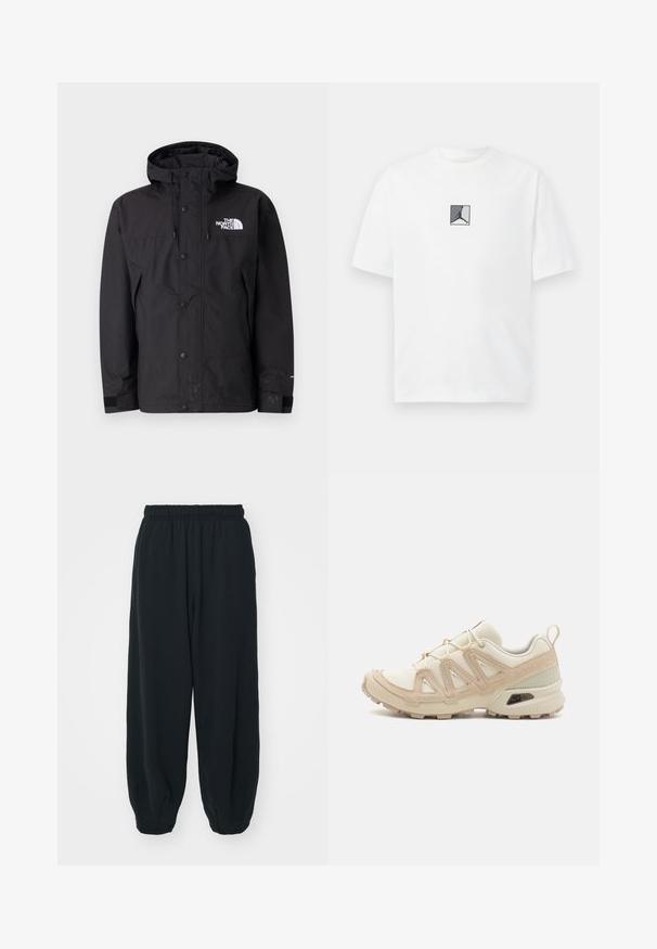 Juodas vandeniui atsparus džemperis su kapišonu, turintis užtrauktuką, sagas ir prekių ženklą ant krūtinės. Su reguliuojamomis rankovėmis ir lygiu paviršiumi.; Balta medvilnės marškinėliai su centriniu juodu ir pilku logotipu. Klasikinis apvalus kaklas ir trumpomis rankovėmis, laisvas kirpimas.; Juodi, su elastiniu juosmeniu sportiniai kelnės su laisvu siluetu, suapvalintais kulkšnimis, lygia tekstūra ir be matomų raštų ar metalinių akcentų.; Bežinės ir kreminės spalvos sportinės bateliai su tekstūruoto tinklelio viršutine dalimi, palaikančiomis detalėmis ir guminiais padais, turinčiais raštą, užtikrinantį sukibimą.