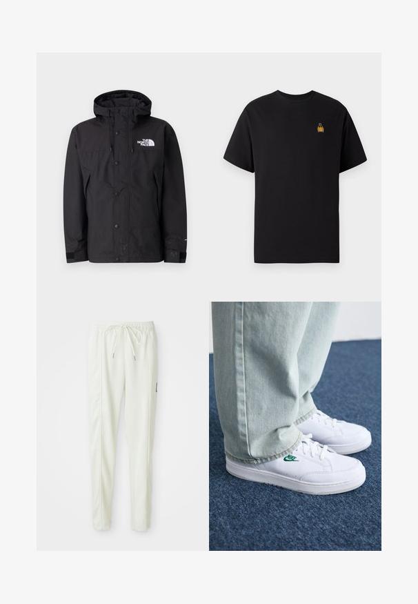 Giacca impermeabile nera con cappuccio, dotata di chiusura con zip, bottoni e logo del marchio sul petto. Ha polsini regolabili e una texture liscia.; T-shirt nera in cotone con maniche corte, scollo rotondo e un piccolo design ricamato giallo sulla zona sinistra del petto.; Pantaloni jogger slim-fit bianchi con vita elasticizzata e cordino, caratterizzati da dettagli sulle cuciture laterali e un piccolo patch nero sulla gamba destra.; Sneakers in pelle bianca con logo Nike verde, punta rotonda, suola piatta, abbinati a pantaloni in denim azzurro, mostrati su un tappeto blu.