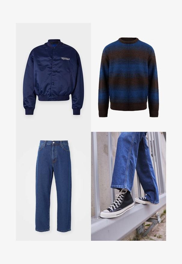Veste bomber satin navy avec un devant à bouton-pression, des poignets et un ourlet côtelés. Présente l'inscription "ORIGINALS" brodée en beige clair sur la poitrine.; Pull en tricot marron et bleu avec une texture côtelée, présentant des rayures horizontales et un col rond. Manches longues avec des poignets côtelés.; Jeans en denim taille haute de couleur bleue, avec une coupe droite, des coutures visibles et une fermeture à bouton à l'avant.; Baskets montantes noires avec semelle et lacets blancs, associées à un jean en denim bleu décontracté, reposant sur un garde-corps gris.