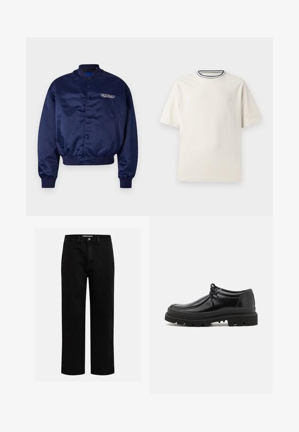 Giacca bomber di raso blu navy con chiusura a bottoni a pressione, polsini e bordo a coste. Presenta "ORIGINALS" ricamato in beige chiaro sul petto.; T-shirt in cotone color crema con maniche corte, caratterizzato da un collo rotondo decorato da righe blu navy e bianche. Tessuto liscio, vestibilità comoda.; Pantaloni in denim nero con taglio dritto, design classico a cinque tasche e chiusura con bottone in vita. Tessuto liscio e materiale resistente.; Scarpe derby in pelle nera con un design elegante, punta arrotondata e suola in gomma texturizzata con profonde scanalature per una presa migliore.