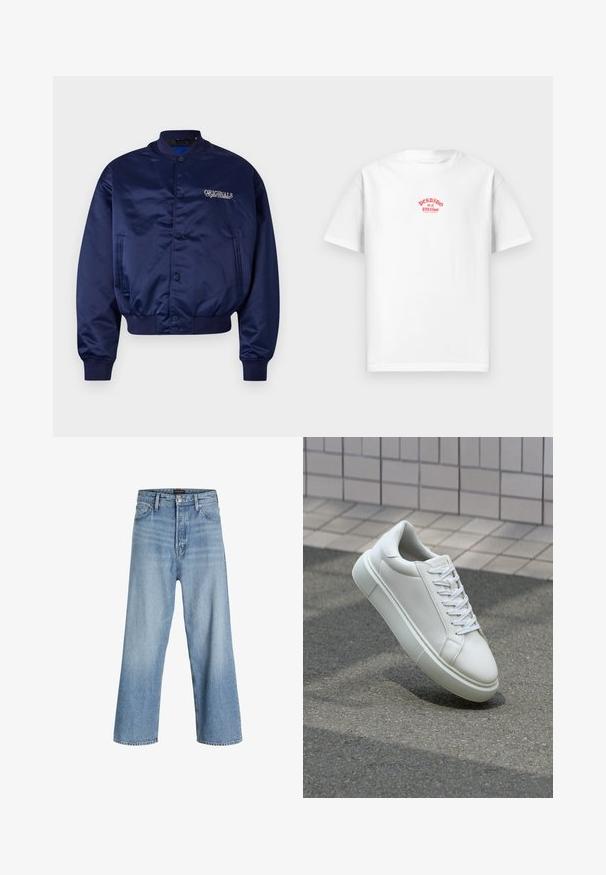 Navy saténová bombero bunda s přední částí na patentky, žebrovanými manžetami a lemem. Na hrudi je vyšívaný nápis "ORIGINALS" ve světlé béžové barvě.; Bílá bavlněná tričko s červeným potiskem, na kterém je nápis "Perdido en el paraíso" přes hrudník, krátké rukávy, volný střih.; Svetle modré volné džíny z denimu, s vysokým pasem, klasickým pětikusovým designem a zapínáním na knoflík se zipem.; Bílé kožené tenisky s hladkým povrchem, kulatou špičkou a plochými bílými tkaničkami. Disponují texturovanou gumovou podrážkou a minimálními designovými prvky.