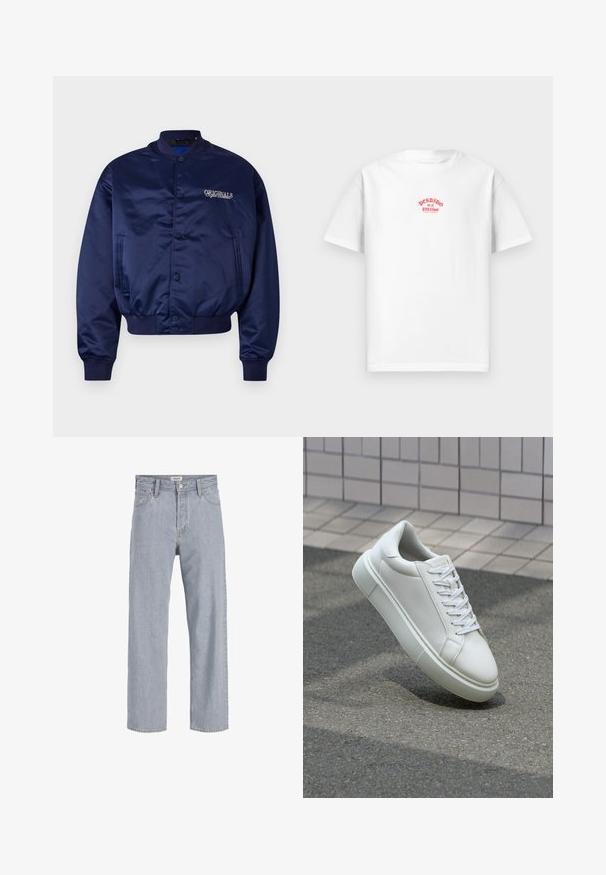 Mornarsko satensko bomber jakno z zapiranjem na gumbke, reberastimi manšetami in robom. Značilnost je vezenje "ORIGINALS" v svetlo bež barvi na prsih.; Bela bomba majica iz bombaža z rdečim tiskanim dizajnom, ki na prsih govori "Perdido en el paraíso", kratki rokavi, sproščen kroj.; Svetlo modri kavbojki s sproščenim krojem, naravnost oblikovani nogi, vidnimi šivi, dvema sprednjima žepoma in gumbnim zapiranjem.; Bela usnjena teniska obutev z gladko površino, okroglo konico in ravnimi belimi vezalkami. Ima teksturiran gumijast podplat in minimalne oblikovalske elemente.